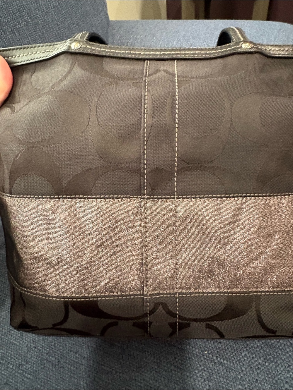 COACH Signature Stripe Tote Bag Black Jacquard Canvas Metallic Accent EUC - Picture 9 of 16